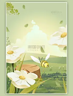 矢量扁平唯美春天春季蜜蜂花朵插画海报
