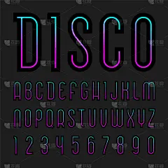字体名Night Disco。时髦的字母表，黑色背景上的彩色字母。