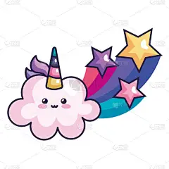 可爱的云彩与流星独角兽Kawaii风格的图标