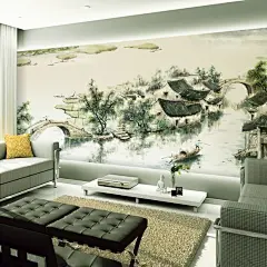 江南水乡感觉的壁纸，水墨丹青很有中式风骨，在这个现代化的客厅中，碰撞出火花。