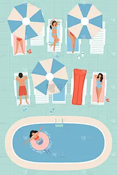 一个与人共享的游泳池的例子。男男女女日光浴在阳光下.在游泳池度假。从上面看彩色平面矢量绘图.
