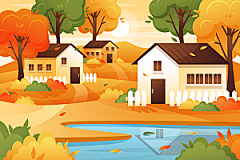 手绘扁平风秋天秋季枫叶森林风景