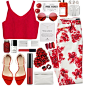 A fashion look from June 2016 featuring red crop top, red pants and heeled sandals. Browse and shop related looks.