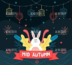 中秋树叶兔子贺卡  - 源文件下载【酷图网】条幅,荷花,彩色,中秋节,树叶,兔子,eps,ai,矢量,高清图片,素材,