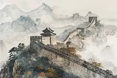 国画彩绘长城绘画图片
