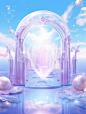 C4D rendering of colorful crystal castle of fairy tale princess, arched doorway, dreamy surreal scenery, gradient translucent glass melt, laser effect, caustics transparent glass, girly heart, crystal material, purple white pink, futuristic fantasy, imagi