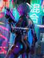 Ready to kill Cyberpunk female assassin woman holding a gun, weapon from back perspective, cyberpunk android character design concept art illustration in a futuristic modern city environment