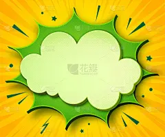 漫画的背景。卡通海报在波普艺术风格与黄蓝色讲话气泡与半色调和声音效果。有趣的彩色横幅与地方文字黄色背