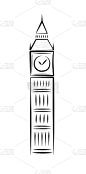 大本钟。英国伦敦的标志性钟楼。图标简单的线性绘图涂鸦标志风格的黑白极简插图。矢量在白色的素色背景。