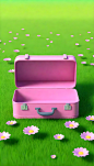 A-open-empty-pink-suitcase-on-the-wide-grass-surrounded-by-flowers--in-front-view--high-view--the-suitcase-is-empty-inside--with-sky-blue-background--in-the-cartoon-style--rendered-in-C4D--as-a-3D-sce