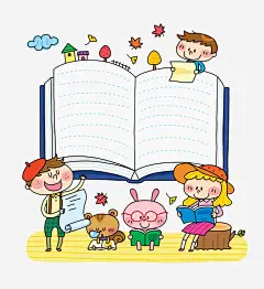 一起开心学习的孩子们_新图网 https://ixintu.com 书本 长发女孩 帅气男孩 眼睛兔 卡通 多彩 手绘