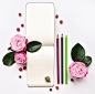 Flat Lay Roses Photo : Set of flat lay photos with pink bright roses, cosmetics, notebook, feminine things. Photos are made from the top view, objects are laying on white table. Perfect for decoration, invitations, cards, web-design, blogs, etc. Iphone 5 