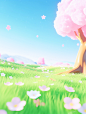 tree on the grass screenshot 4, in the style of cute and dreamy, pastel, 8k 3d, flower and nature motifs, cute cartoonish designs, selective focus, meticulous design