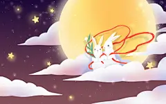 卡通手绘中秋节中秋圆月兔子红飘带仙兔星空云朵原创插画海报