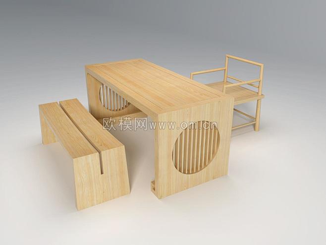 中式实木桌椅组合3D模型ID：23685...