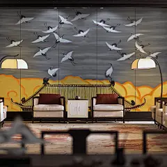 现代中式仿古手绘瑞鹤图背景画大型定制壁画茶室家居背景墙定制-淘宝网