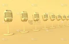 复古音乐会或无线电麦克风逼真的3d渲染。黄色背景上的黄色麦克