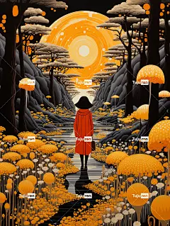 富有想象力的奇幻风景插画海报金黄色