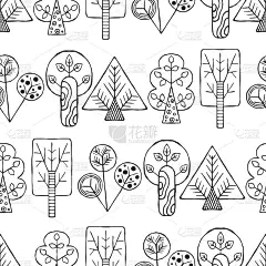 矢量手绘无缝图案，装饰风格化黑白幼稚树。涂鸦素描风格，图形插图，背景。装饰性可爱的手绘。画线。