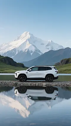 一张现代风格的无文字汽车海报，画面中央是一辆全新样式的白色越野SUV，停在平静的湖边碎石滩上，车身线条硬朗且富有力量感，黑色轮毂与车顶形成鲜明对比，车窗玻璃呈现深邃的黑色。背景是壮丽的雪山山脉，山顶覆盖着皑皑白雪，山腰处是翠绿的草地和深色的岩石，远处天空呈现由浅至深的渐变蓝，清澈通透。湖面如镜，完美倒映出汽车和雪山的影像，整体光影柔和，高光与阴影过渡自然，营造出宁静、高端、富有探险精神的氛围。汽车占据画面下方三分之一的视觉重心，雪山背景占据上半部分，构图采用三分法，视觉层级清晰，整体设计简洁大气，信息传达