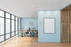 蓝色和木制的开放式空间办公室与海报_5124337033