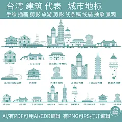 台湾旅游手绘建筑剪影景点地标插画城市设计天际线条稿线描素材