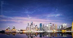 海边城市 紫色梦幻晚霞 休闲生活 旅游出行海报设计PSD tid292t000614