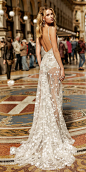 berta spring 2020 bridal sleeveless deep v neck fully embellished sheath wedding dress sheer skirt slit (2) glam sexy sweep train low back bv