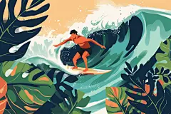 扁平风冲浪夏天海边插画