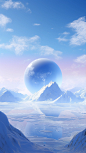 A snowy scene with some water and a planet behind it, in the style of realistic landscapes with soft edges, mountainous vistas, realistic blue skies, 20 megapixels, soft, romantic landscapes, magewave, detailed fantasy