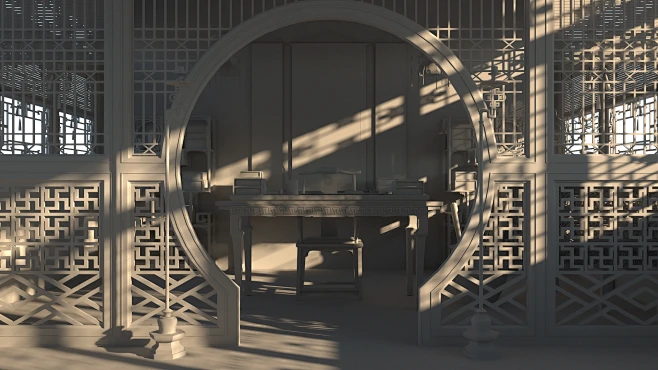中国古代宫廷建筑模型室内书房部分_世界也在发威作品_场景/空间/建筑_CG模型网-花瓣网