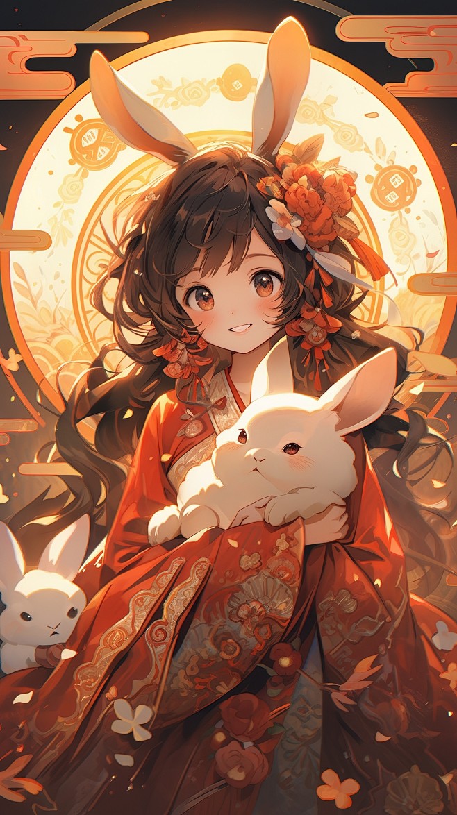 中秋节抱着兔子的女孩非企业商用