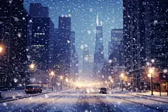 大雪纷飞雪景下的城市摄影图
