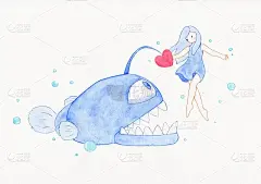 女孩游向红心诱惑的琵琶鱼。水彩插图。实际尺寸约30x21厘米。(A4纸)
