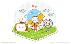 女孩 电视 风扇 地球 白云 天使的翅膀 桃心 插头 英文 人物化 比拟 保护 拯救地球 环保宣传