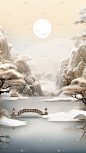 冬季冬天通用插画中国风中式古建筑自然山水积雪场景背景