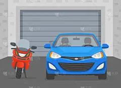 开汽车。车库里一辆蓝色轿车和一辆红色摩托车的前景色。室内停车场在视野内.平面矢量图解模板.