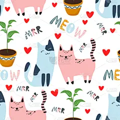 猫,四方连续纹样,一见钟情,可爱的,花盆,壁纸,哺乳纲,小的,坐,爱