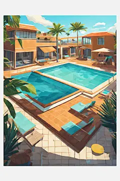 扁平风夏季游泳池插画AI数字艺术