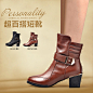 2014冬季新品 小牛皮短筒短靴女高跟女靴 粗跟尖头绒里骑士靴女鞋