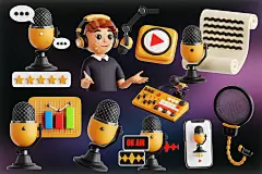 Podcast 3D Icon Set 30款高级音乐赛事新闻播音演讲话筒耳机3D图标素材_格外视觉(uigui.cn)-国外高品质设计素材共享网
