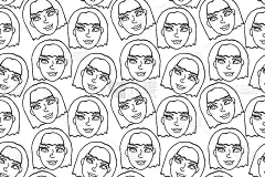 无缝图案与卡通人脸矢量人。手绘线条艺术插图。轮廓涂鸦头的女人，女孩。纹理背景下