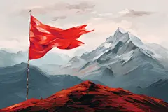 蓝天白云山峰上插着的红旗背景插画