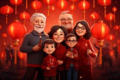 新年一家人温馨喜庆插画