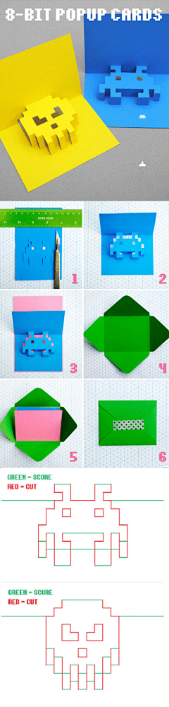 【8-BIT小怪物立体贺卡】想来一发吗？跟着右边的图纸去做吧@北坤人素材