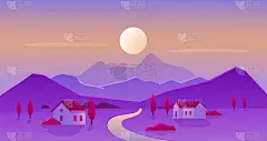 日出或日落村景观矢量插图，卡通平面乡村全景风景与太阳和地平线上的山剪影，房屋与花园