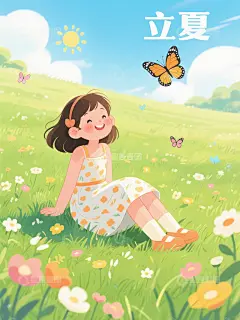 小女孩草地开心大笑立夏手绘插画