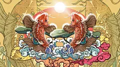 绚丽太阳光照着锦鲤祥云国潮风中国风宣传海报