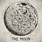 满月地球与月球陨石坑 grunge 背景上。复古手绘矢量图