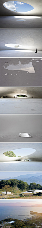 @設計情報社："TESHIMA ART MUSEUM" 手岛艺术博物馆位于濑户内海的小岛上，馆内无任何支撑柱，形态源自于地面上滑动中的水珠。设计意图让建筑与周围的丛林环境产生互动，从而模糊建筑与自然之间的有形边界。地面上的水湾随风移动，馆内气氛也随着太阳位置而改变。 /  西沢立衛 & 内藤礼 http://t.cn/SVBYXg //.